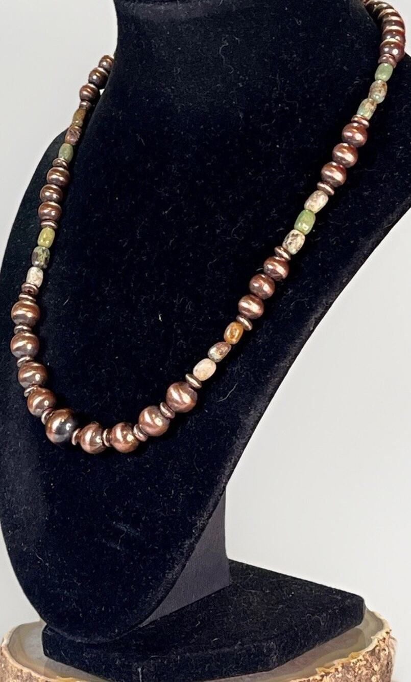 Royston Turquoise Oxidized Copper Desert Pearl 16” Southwestern Beaded Necklace - Picture 1 of 13